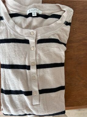 Z Supply Cream and Black Striped Ribbed Button Henley
